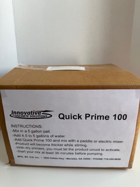 Cardboard box labeled "Quick Prime 100" from Innovative Concrete Solutions, detailing mixing instructions for use in concrete applications.