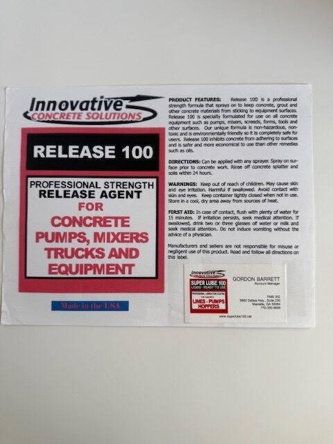 Label for "Release 100," a professional-strength release agent for concrete equipment, detailing usage instructions and safety precautions.